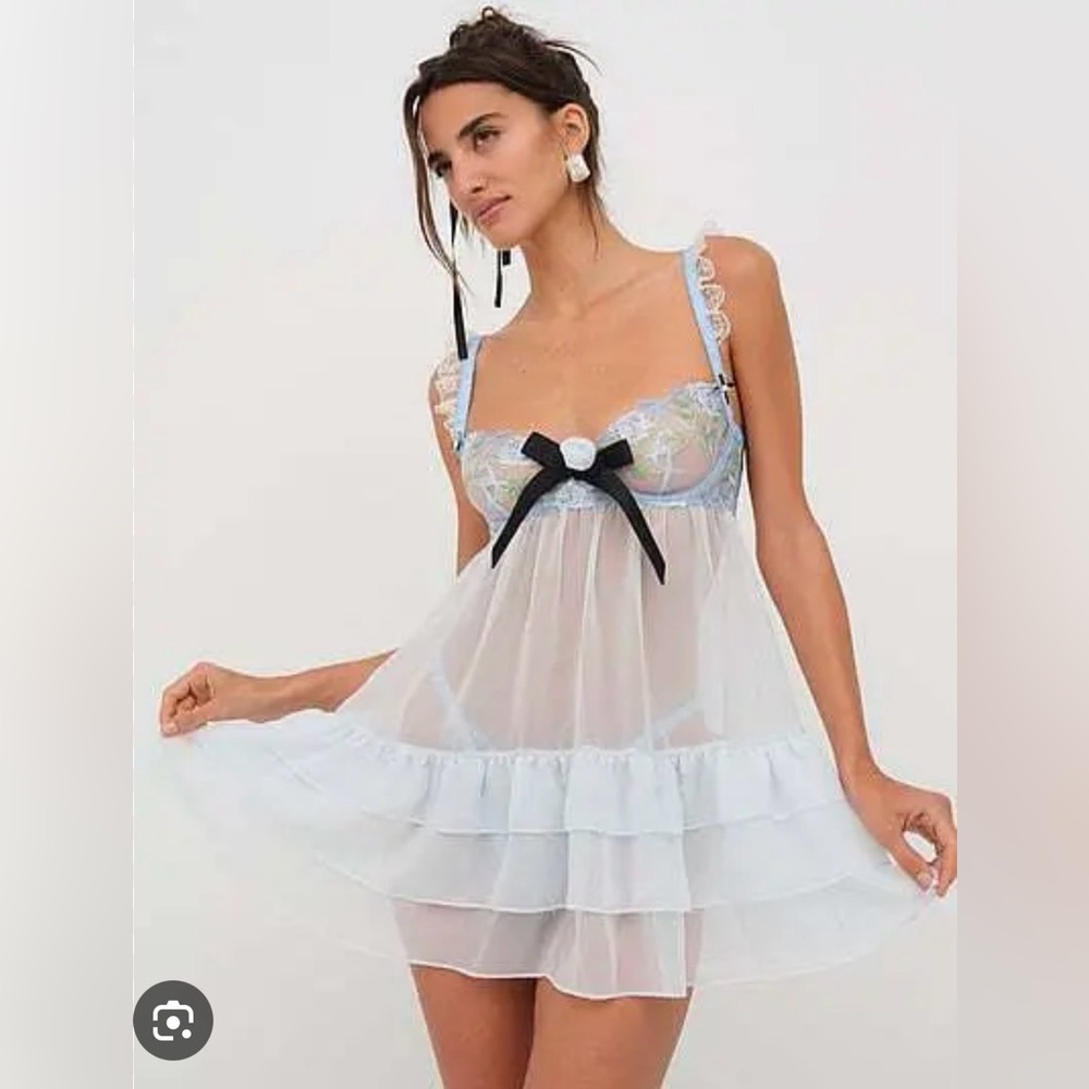 For Love And Lemons Sheer Blue Chemise with Black Accent